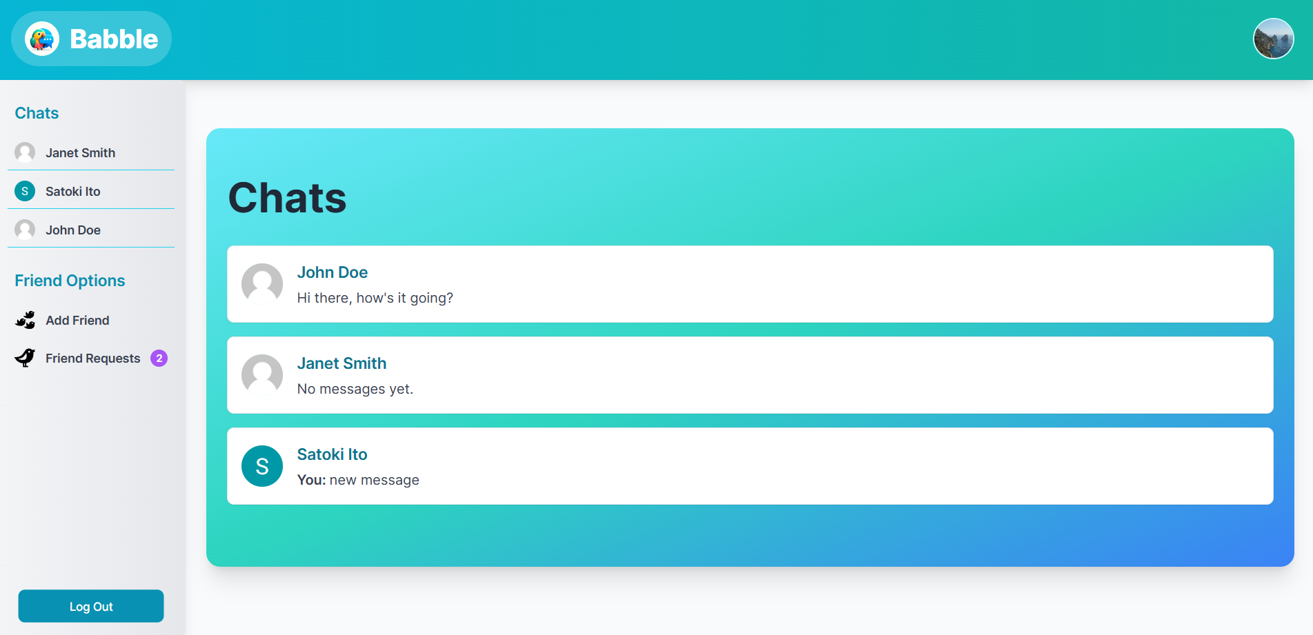 chat app dashboard page